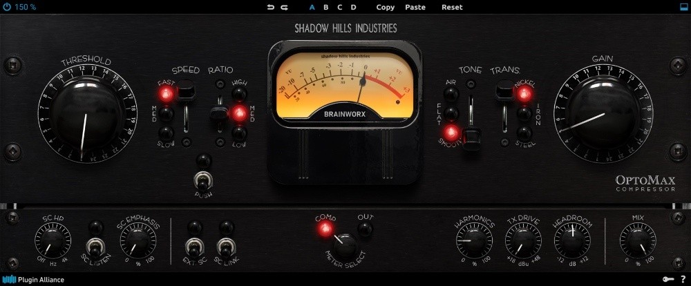 Extended Shadow Hills optical compression with tonal shaping, transformer saturation, Push limiter mode, and advanced sidechain/parallel controls.
