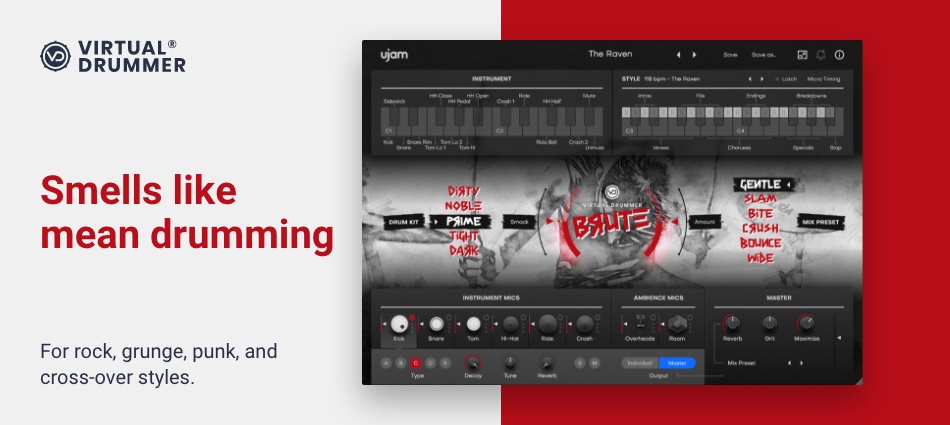 Drum library for gritty, punchy rock and grunge grooves with adjustable mic blends and curated mix presets.