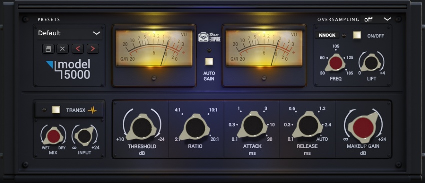 Hybrid VCA compressor focused on punchy low end, transformer coloration, and user-selectable oversampling.
