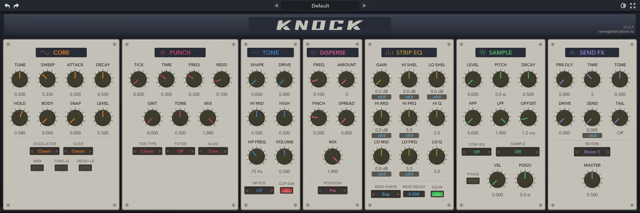 TR-909-inspired kick synth with transient shaping, analog-modeled drive and built-in reverb send.