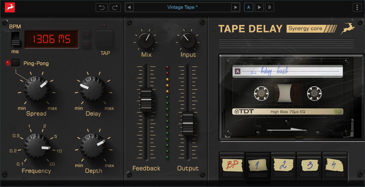Vintage tape-delay character with selectable tape types, BPM sync or manual timing, and ping-pong stereo widening.