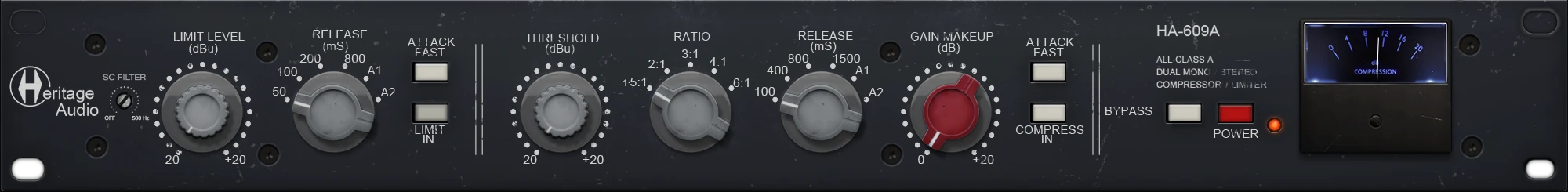 Component-level model of the HA-609A delivering diode-bridge compression for punchy drums and cohesive mix-bus glue.