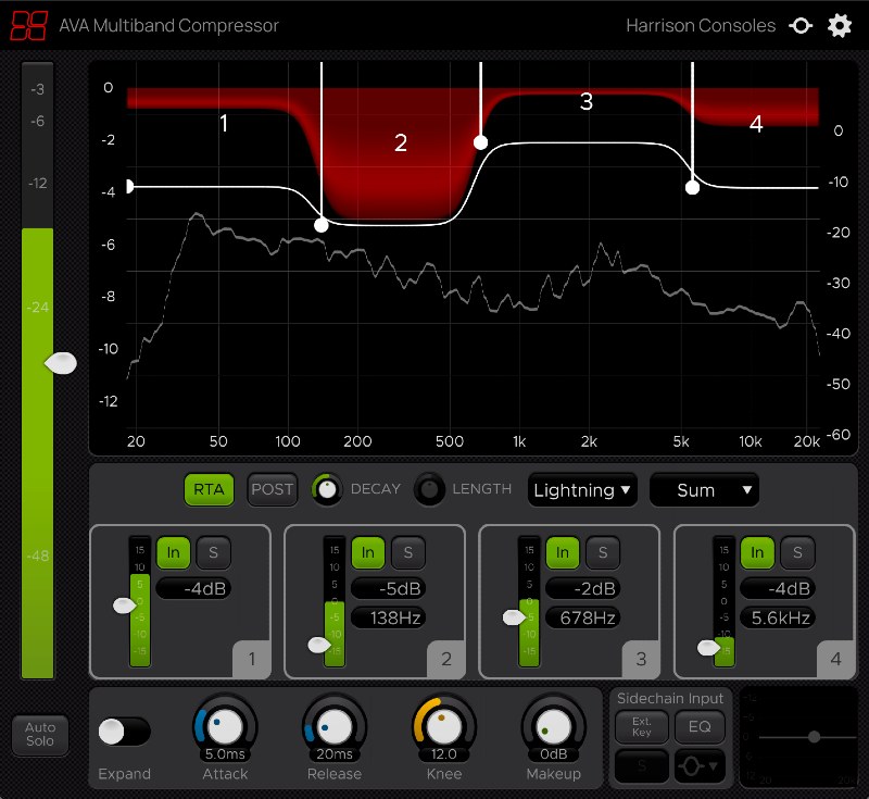 Four-band, low-latency multiband compressor with per-band controls, RTA, sidechain EQ and expander mode.