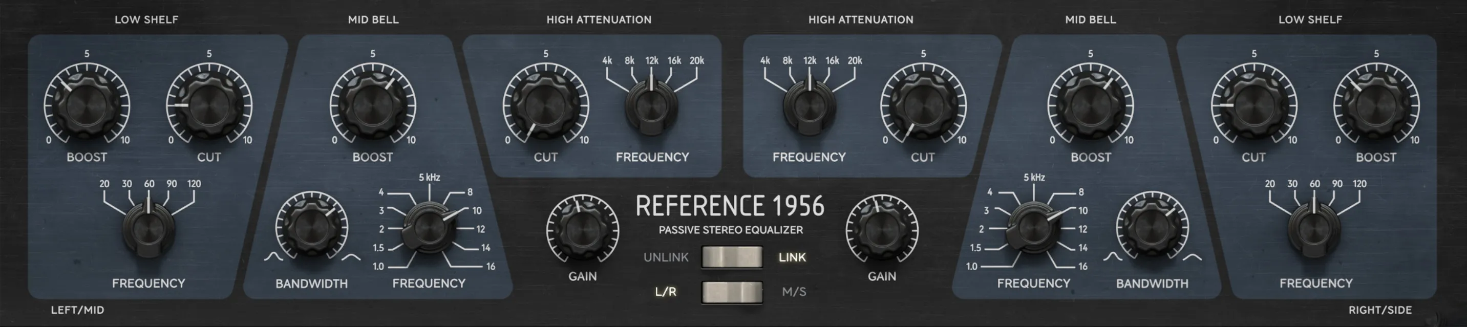 Minimum‑phase passive EQ emulation with tube output character, Mid/Side and Headroom controls for broad, musical tonal shaping.