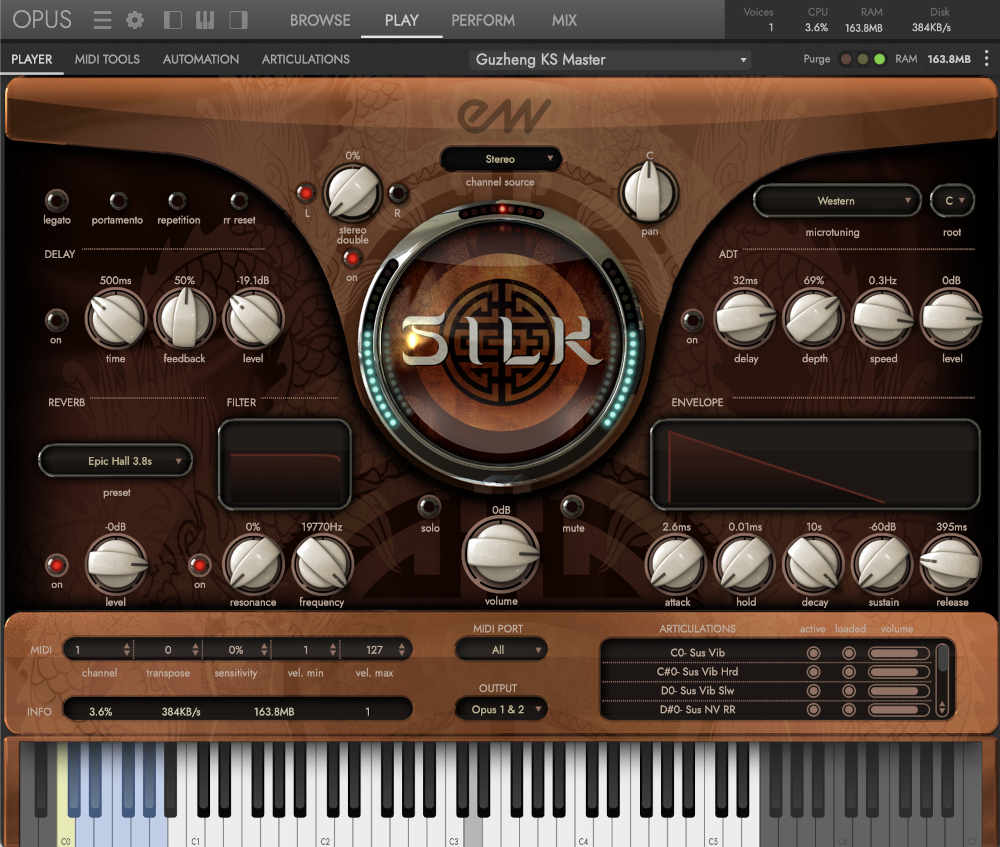 A detailed library of Silk Road instruments with legato sampling, scripting and microtuning via the OPUS engine.