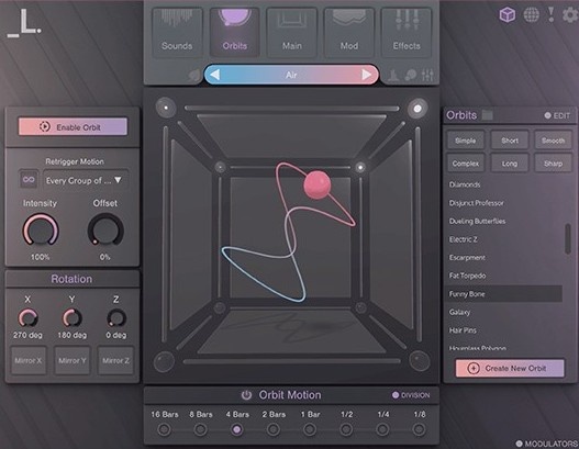 Sampler and vector synth that blends up to eight samples in a 3D orbit for evolving hybrid sounds.