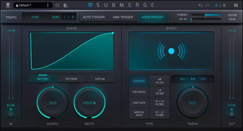 Automatic sidechain for precise ducking, pumping and rhythmic push effects with multiple triggers and creative effects.