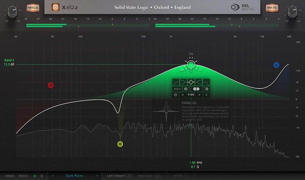 24-band SSL EQ with multiple filter shapes, anti-cramping processing, mid/side control and band soloing.