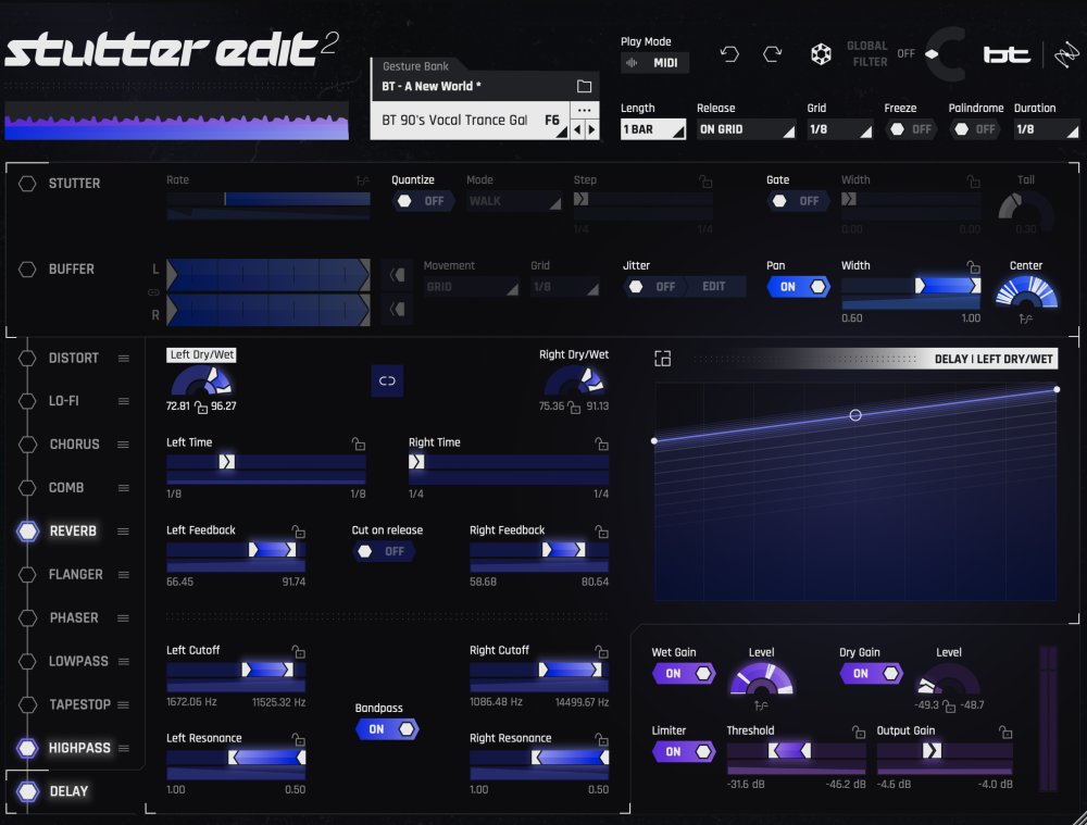Create tempo-synced stutters, glitches and sweeping gestures with drawn automation and ready-made gesture banks.