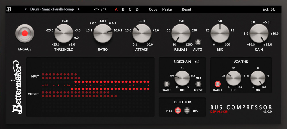 VCA bus compressor for tightening drums, vocals and stereo mixes with sidechain filtering, THD saturation and Peak/RMS detection.