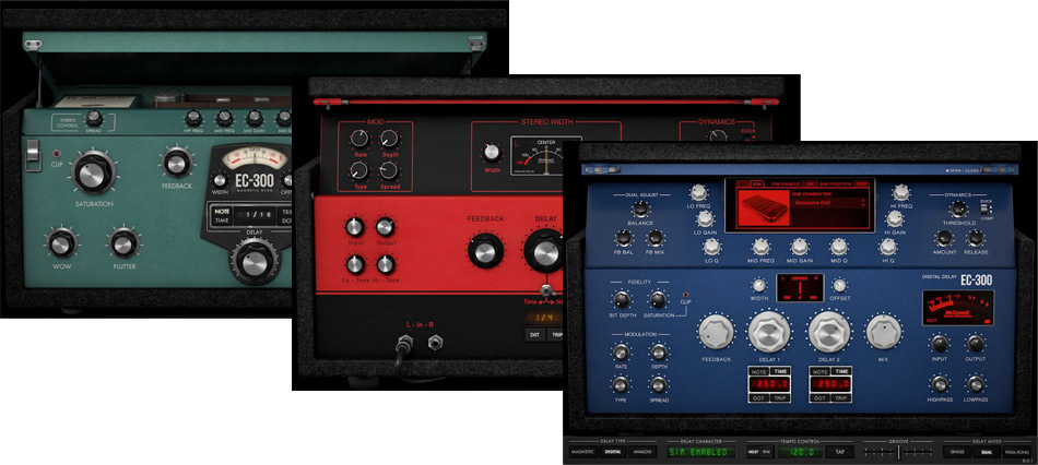 Three distinct delay types with tape-style modulation, ducking, and stereo routing options.