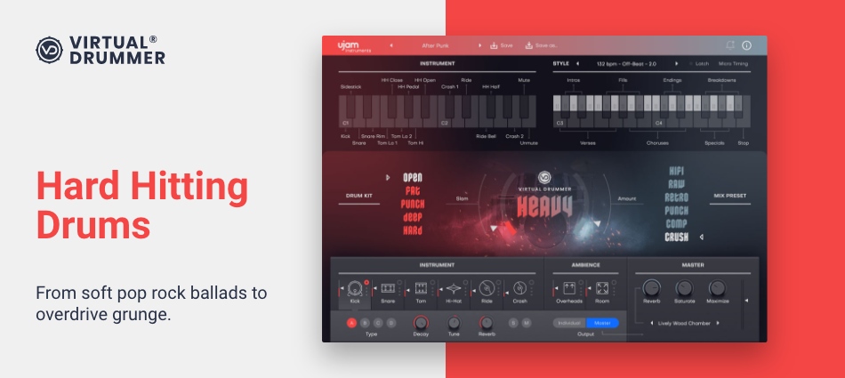 Aggressive rock and indie drum grooves with editable kits, timing controls, multi-output mixing and drag-and-drop phrases.