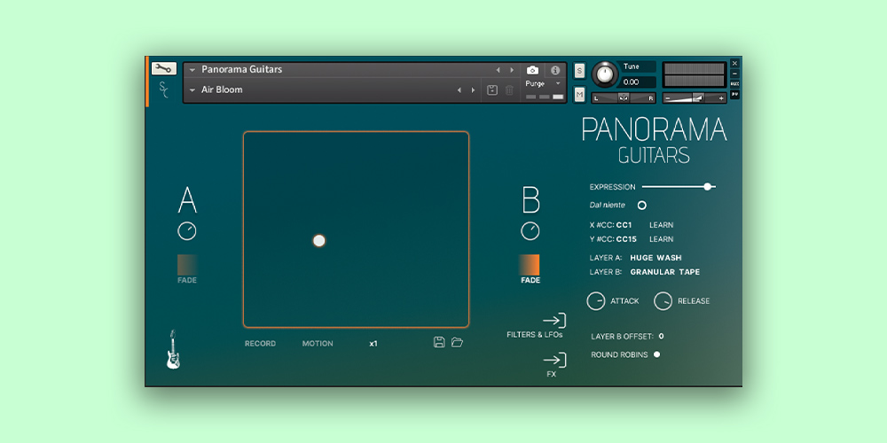 Sampled guitars and bass with a two‑slot Aria engine for evolving post‑rock, shoegaze and cinematic textures.