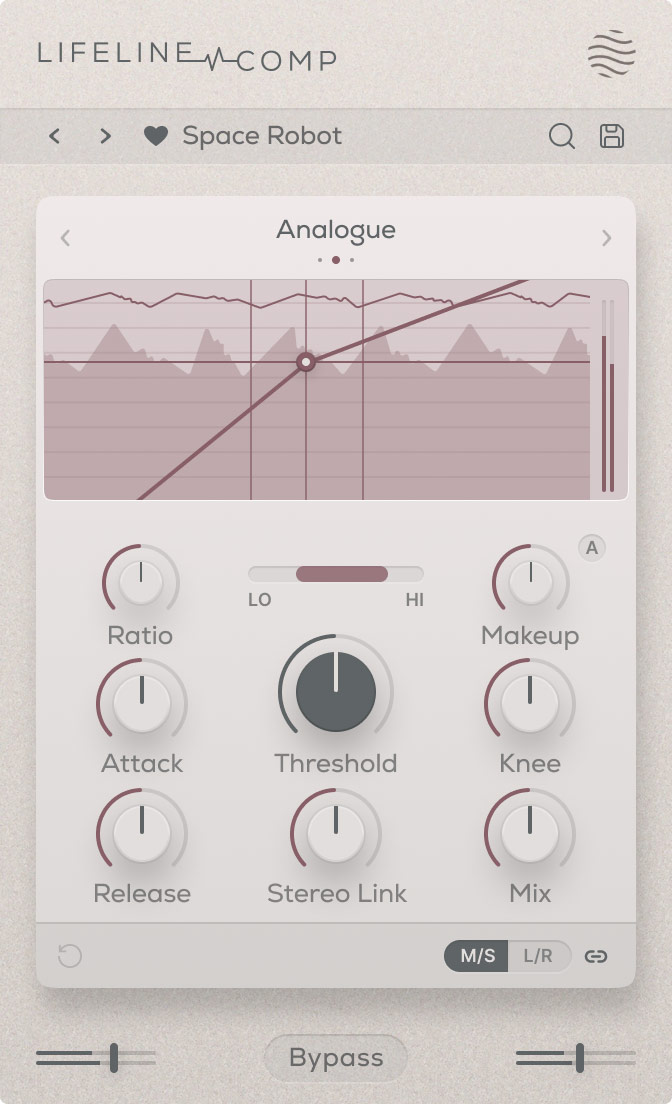 Three-style compressor with Auto-Makeup, Dry/Wet, bandpass filtering and M/S/LR routing for flexible dynamics control.
