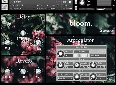 Soft piano/glockenspiel hybrid with arpeggiator, built-in delay/reverb, and an aggressive counterpart for varied melodic textures.