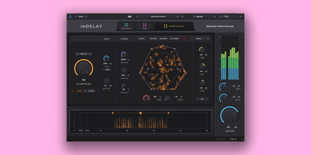 Particle-driven delay with movable taps, air simulation and multi-format spatial outputs including Dolby Atmos.