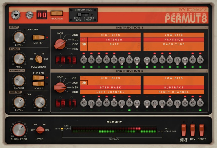 A programmable 12-bit delay with variable sample-rate clock, analog-style I/O and circuit-bent effects.