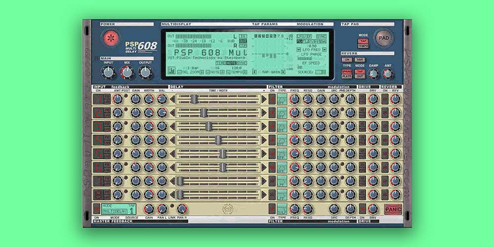 Multi-tap delay with per-tap filters, modulation, tape saturation and reverb for detailed sound design.