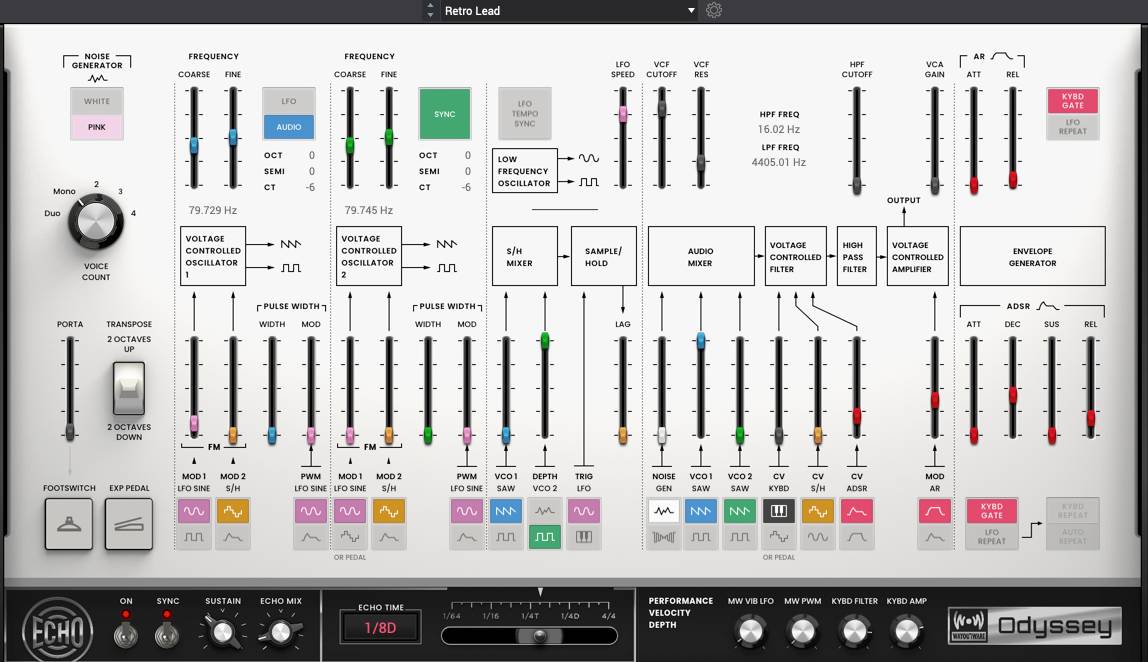 Faithful circuit-modelled ARP Odyssey recreation with dual oscillators, filters and performance controls.