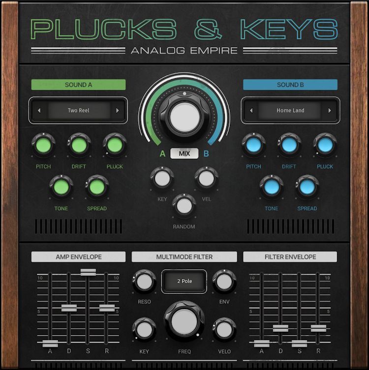 32 sampled analog-style plucks and keys with dual-layer blending, extensive effects, and MPE support.