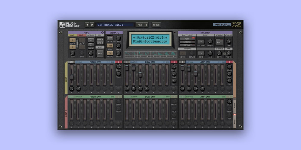 Faithful CZ-style Phase Distortion synth emulation with modern envelopes, unison, effects, and SysEx hardware librarian support.