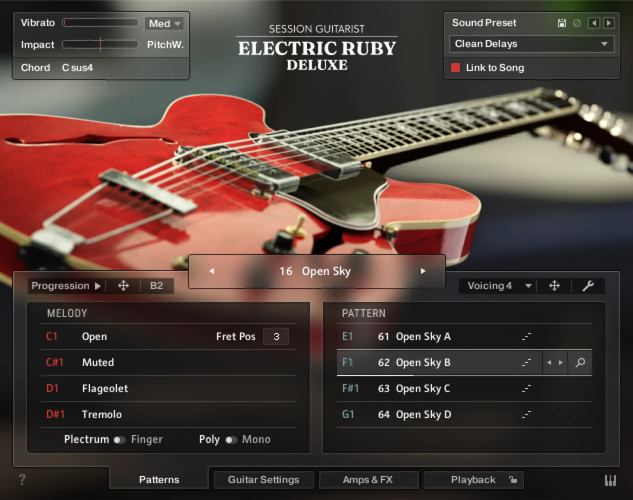Sampled hollowbody guitar with pattern and melody instruments plus Guitar Rig 7 Pro effects.