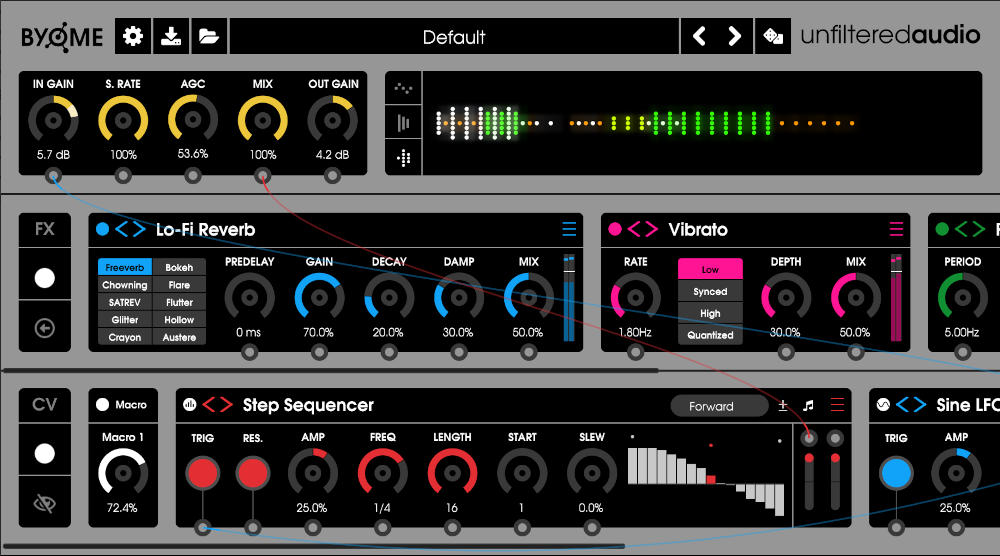 Modular multi-effect environment with 40+ modules, deep reverbs, modulators and over 400 presets.