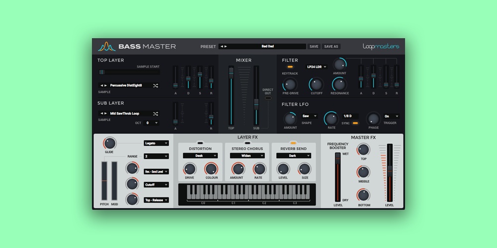 Sample-based bass instrument with layered waveforms, dedicated filters, effects, and a three-band frequency booster.