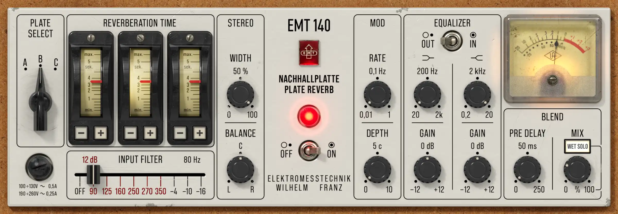 Authentic EMT 140 plate reverb emulation modeled from three vintage units with added Balance, Width and Modulation controls.