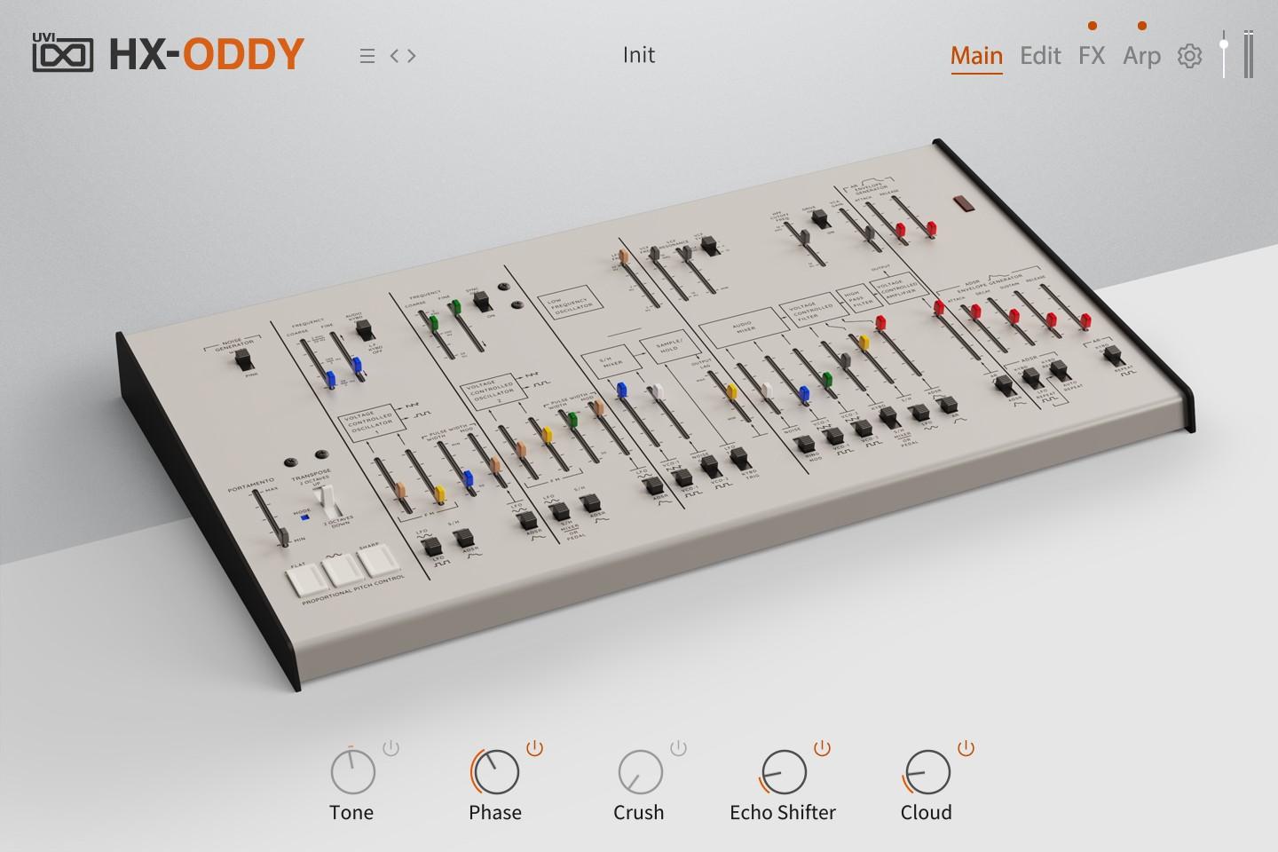 Hardware-sampled ARP Odyssey Mk1 recreation with hybrid sampling and modeled filters for vintage duophonic tones.