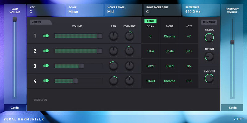 Create and shape multi-part vocal harmonies from a single performance with EQ and panning controls.