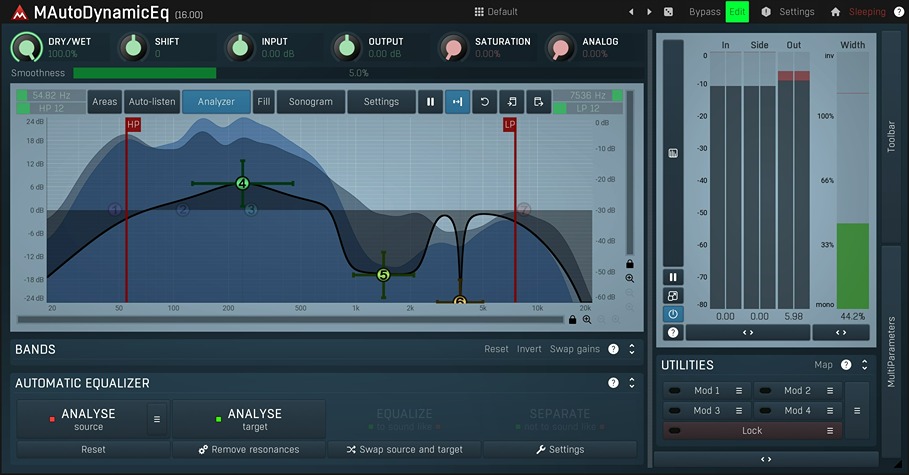 Dynamic parametric EQ with adaptive filters, spectral analysis, modulators and adjustable slopes up to 120 dB/oct.