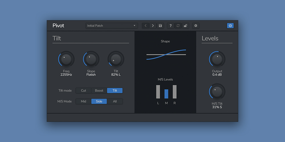 Simple tilt EQ with adjustable slope and mid/side processing for quick spectral balancing.