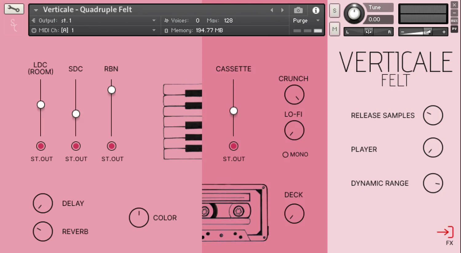 An intimate upright piano with multi‑felt textures, stereo mic positions and built‑in lo‑fi and ambience effects.
