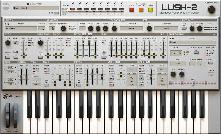 An eight-layer synthesizer focused on layered sounds, expressive arpeggios and detailed analogue-style tone shaping.
