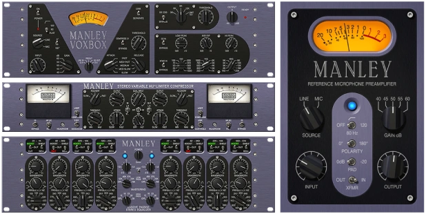 Four Manley tube classics—preamp, Massive Passive EQ, VOXBOX, and Vari‑Mu—emulated as UAD Native and UAD‑2 plugins.