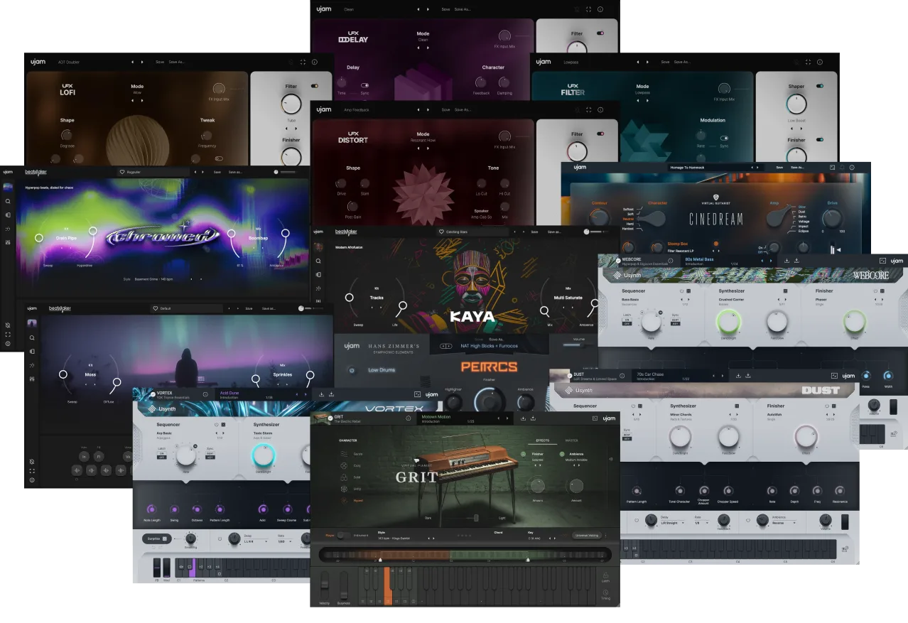 Multi-instrument bundle of synths, rhythm engines and multi‑FX geared toward textured, rhythmic and processed sounds.