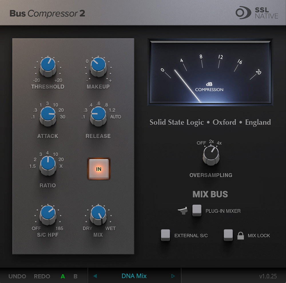 Native SSL G-Series stereo bus compression with parallel blend and sidechain highpass for mix glue and control.