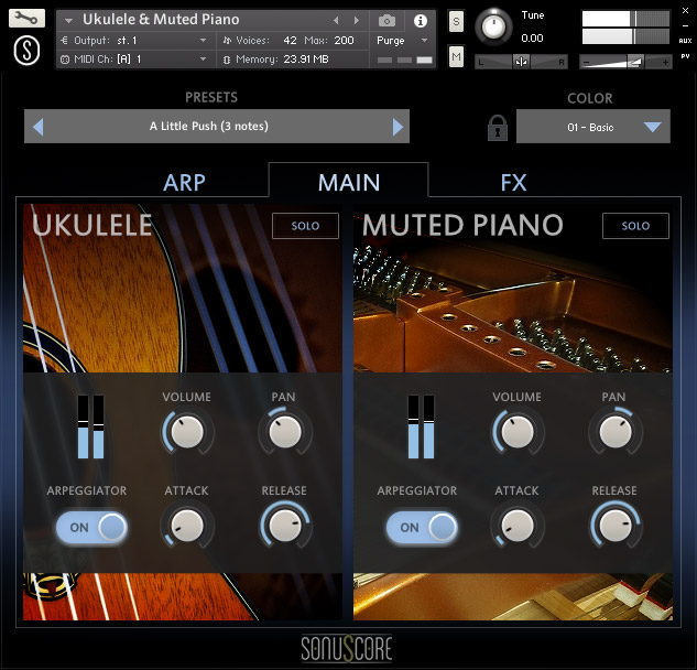 Ukulele and muted piano paired with a dual arpeggiator and preset-driven tonal shaping.