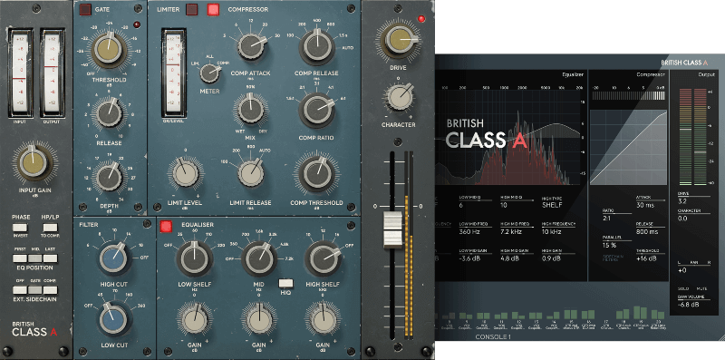 Authentic British console channel strip emulation with gate, EQ, compressor, filters and drive.