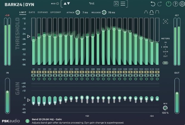 24-band Bark-scale dynamic EQ for transparent corrective work and creative spectral shaping.