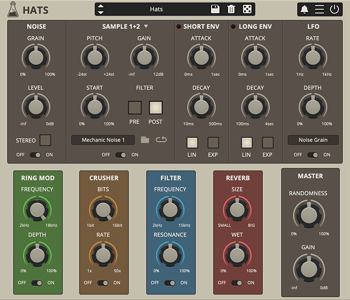 Dedicated hi-hat and cymbal synth pairing tuned square-noise with vintage and acoustic samples plus reorderable effects.