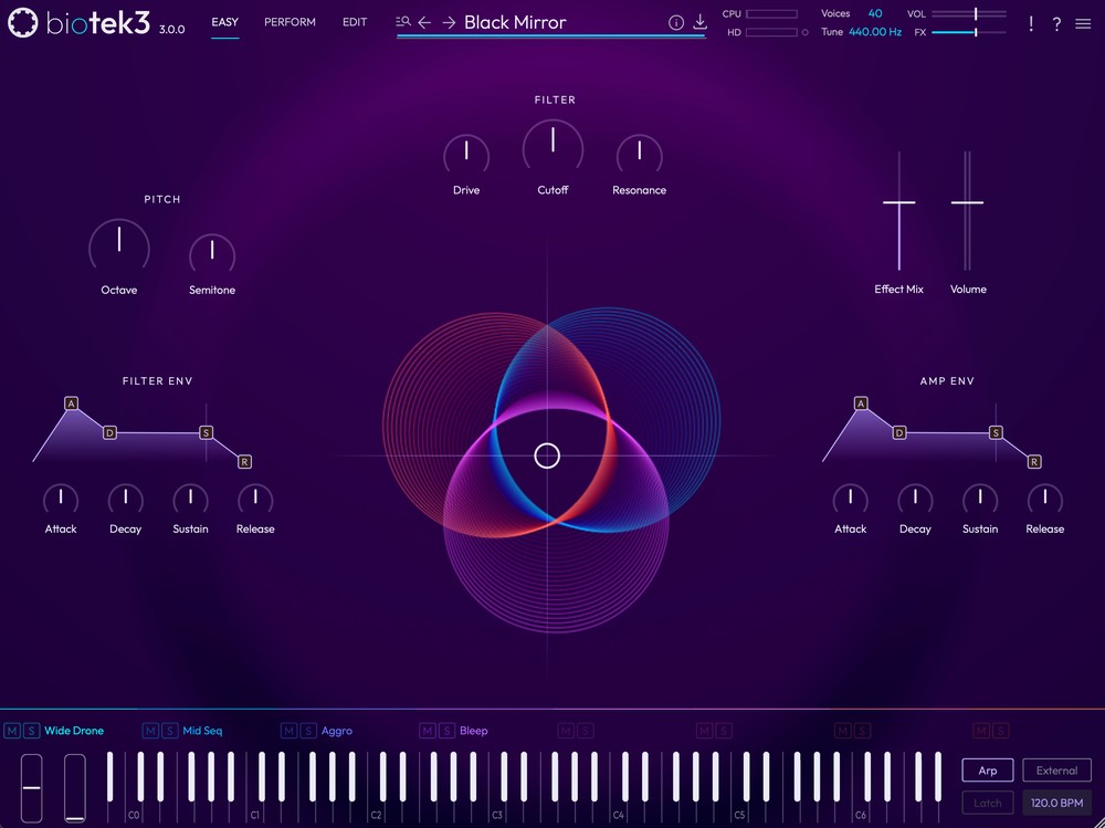 A multilayer synth with an ‘Easy’ performance page, visual XY pad, extensive oscillators and per-voice effects.