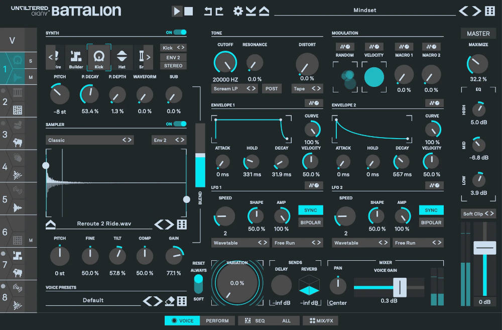 Hybrid drum machine combining 20 synth engines with a 1000+ sample library, sequencing and live performance tools.