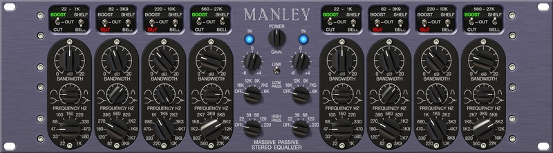 Authentic emulation of the Manley Massive Passive tube EQ for shaping presence, weight and clarity on tracks and masters.