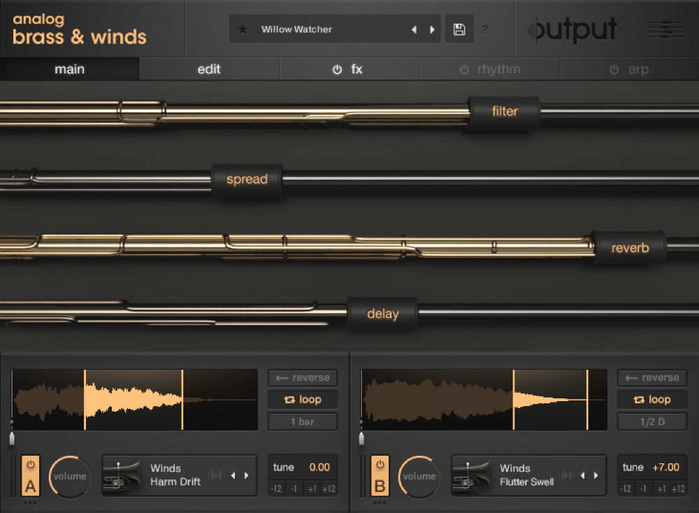 Hybrid Kontakt instrument combining sampled brass/winds and synth textures for bold, layered brass and wind sounds.