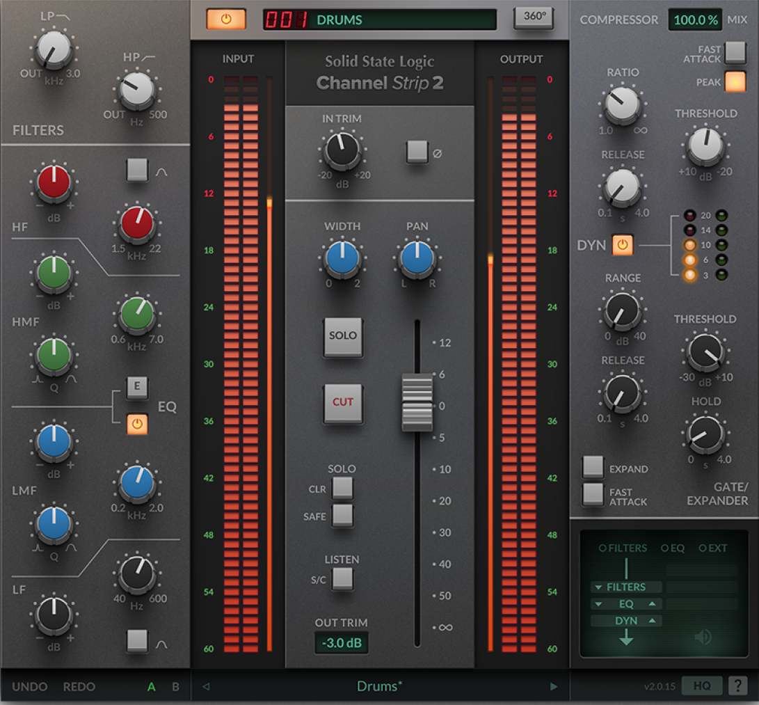 SSL 9000K-style channel strip with switchable E/G EQ, dual dynamics sections and external side-chain capability.