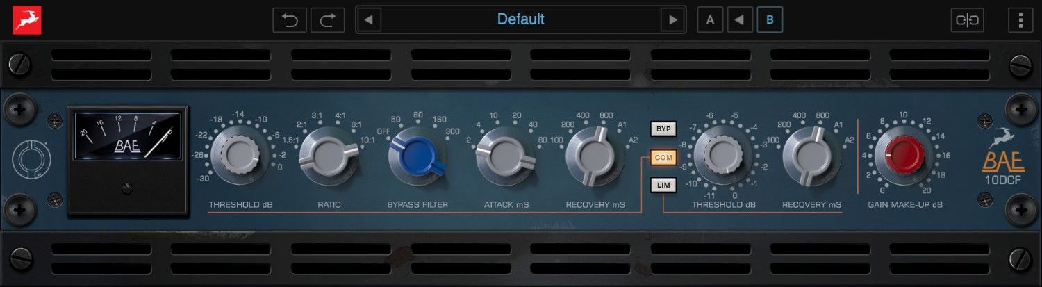 A versatile 1980s-style compressor/limiter with independent sections, an inductor bypass filter, and selectable program-dependent release modes.