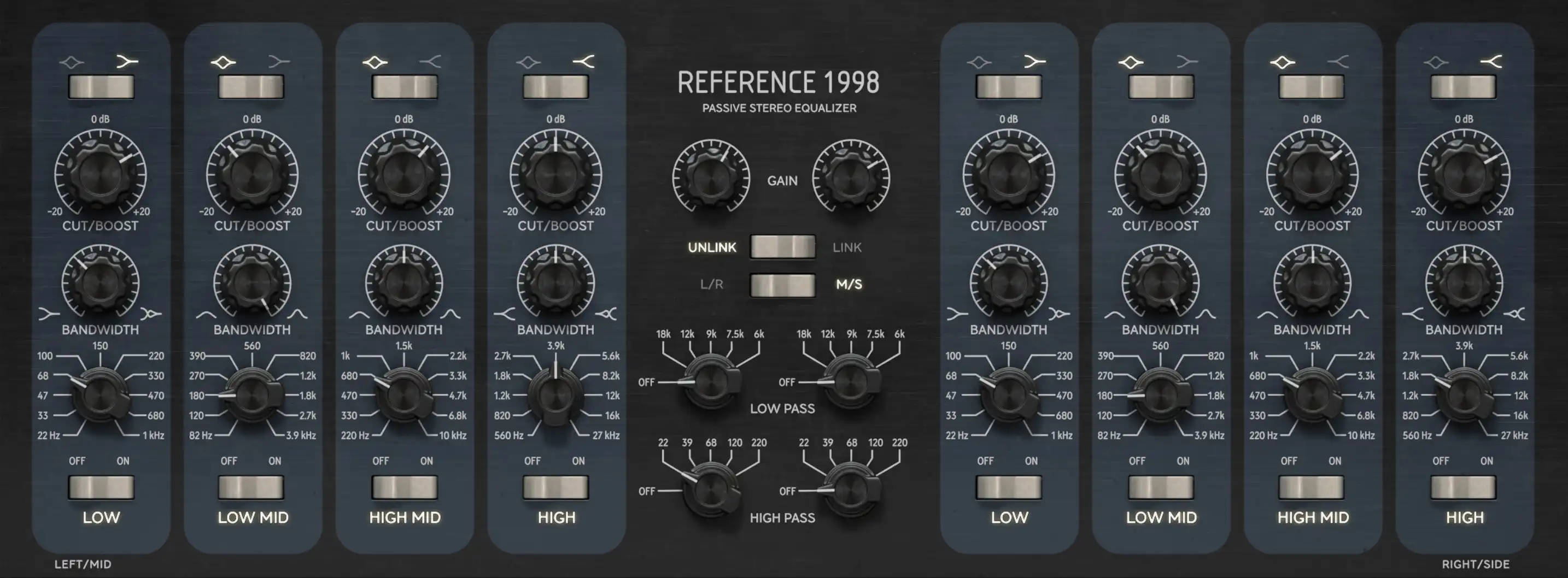 A tube-inspired EQ delivering warm, saturated tone and bold shelving curves for mixing and mastering.