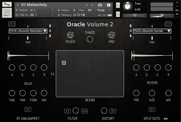 A Kontakt library for blended ambient guitar textures with dual-sample morphing and onboard effects.